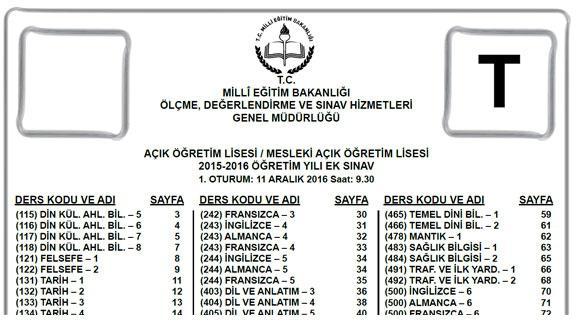 Genel Müdürlüğümüzce 11/12/2016 tarihinde yapılan Mesleki Açık Öğretim/Açık Öğretim Lisesi EK Sınavının Soru Kitapçığı ve Cevap Anahtarı