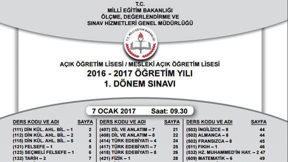 07-08 Ocak 2017 Tarihlerinde Yapılan Açık Öğretim Lisesi/Mesleki Açık Öğretim Lisesi Sınavının Soru Kitapçıkları ve Cevap Anahtarları